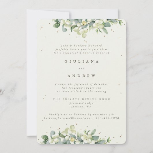 Invitation Crème Snowberry+Eucalyptus Mariage répétition (Devant)