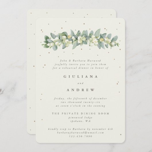 Invitation Crème Snowberry+Eucalyptus Mariage répétition (Devant / Derrière)