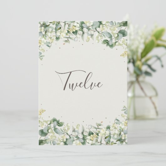 Invitation Crème Snowberry+Eucalyptus Numéro de tableau (Debout devant)