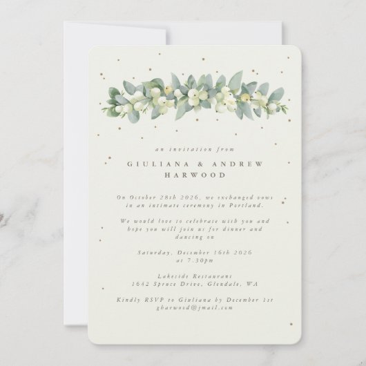 Invitation Crème Snowberry+Eucalyptus Réception de mariage (Devant)