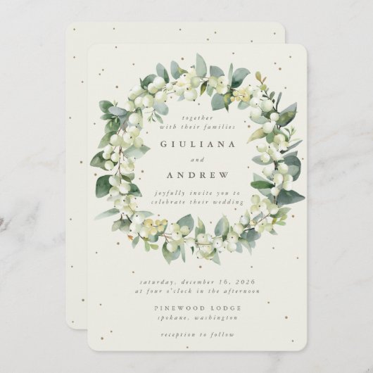 Invitation Crème Snowberry+Eucalyptus Wreath d'hiver Mariage (Devant / Derrière)