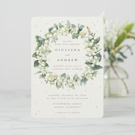 Invitation Crème Snowberry+Eucalyptus Wreath d'hiver Mariage (Debout devant)