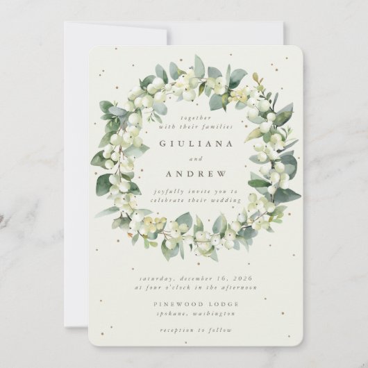 Invitation Crème Snowberry+Eucalyptus Wreath d'hiver Mariage (Devant)