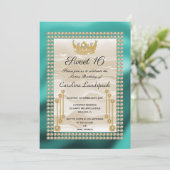Invitation Crème Soie Douce 16 Couronne perle Turquoise Métal (Debout devant)