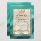 Invitation Crème Soie Douce 16 Couronne perle Turquoise Métal (Devant / Derrière)