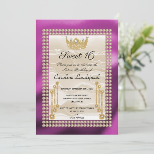 Invitation Crème soie douce 16 Pearl Couronne Fuchsia Metalli (Debout devant)