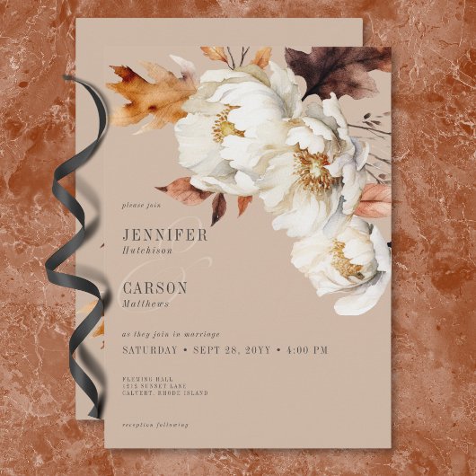 Invitation Crème Tan Rustique & Chute Brown Floral & Feuille