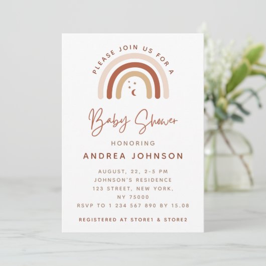 Invitation Crème & Terracotta Boho Rainbow Moon Baby shower I (Debout devant)