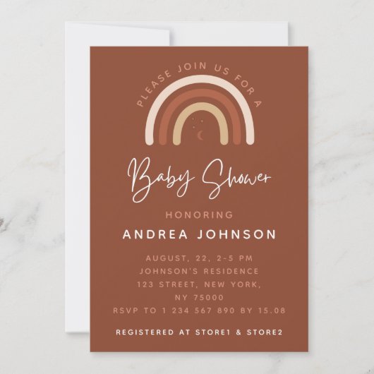 Invitation Crème & Terracotta Boho Rainbow Moon Baby shower I (Devant)