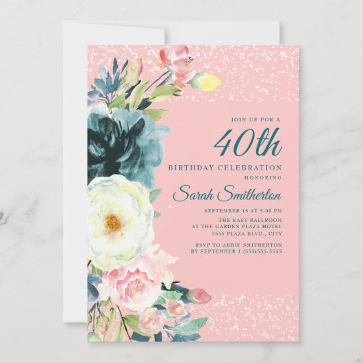 Invitation Crème Turquoise rose Floral 40e anniversaire (Devant)