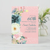 Invitation Crème Turquoise rose Floral 60e anniversaire (Debout devant)