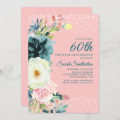 Invitation Crème Turquoise rose Floral 60e anniversaire (Devant / Derrière)