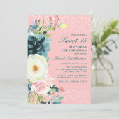 Invitation Crème Turquoise rose Floral Sweet 16 Anniversaire (Debout devant)