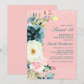 Invitation Crème Turquoise rose Floral Sweet 16 Anniversaire (Devant / Derrière)