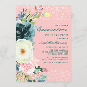 Invitation Crème Turquoise rose Quinceanera Floral Anniversai