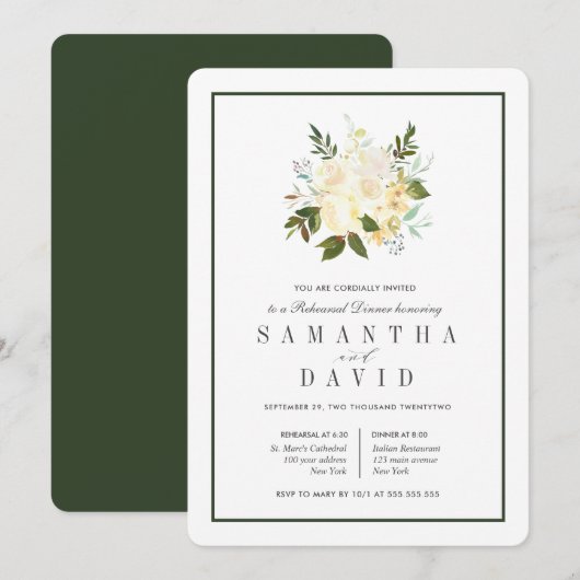 Invitation Crème + Vert | Dîner de répétition Mariage biologi (Devant / Derrière)