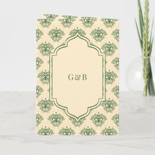 Invitation Crème verte Ikat Damask Tout en un Mariage sikh (Dos)