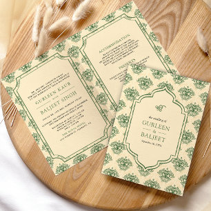 Invitation Crème verte Ikat Damask Tout en un Mariage sikh