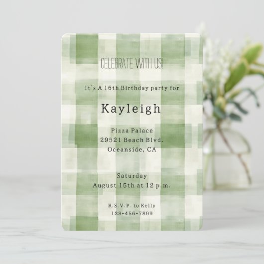 Invitation Crème verte Plaid Stripes Anniversaire (Debout devant)