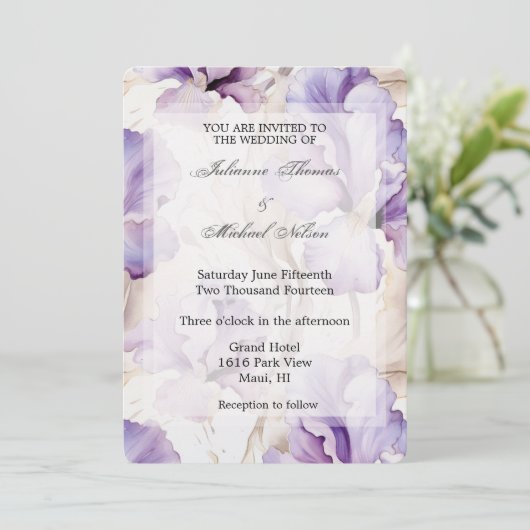 Invitation Crème violet romantique Iris Mariage Floral (Debout devant)