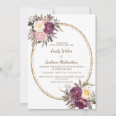 Invitation Crème violet rose vif Floral Mariage or (Devant)
