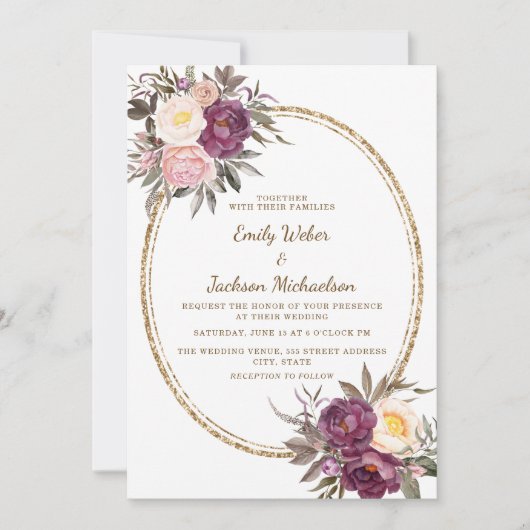 Invitation Crème violet rose vif Floral Mariage or (Devant)