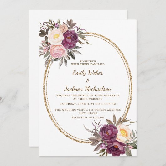 Invitation Crème violet rose vif Floral Mariage or (Devant / Derrière)