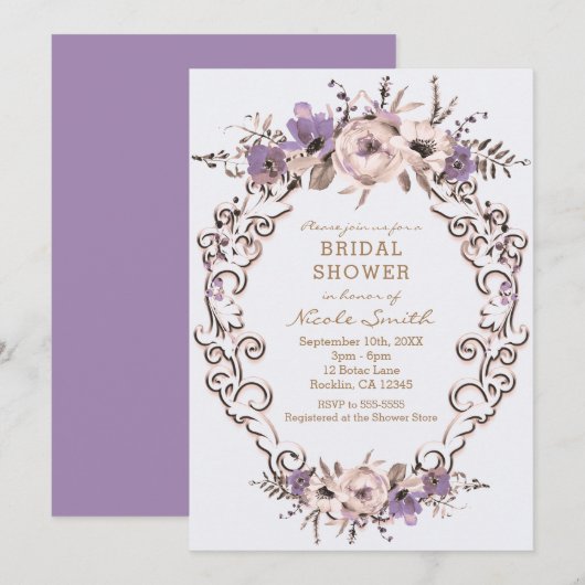 Invitation Crème Violette Botanique Fleurs Douce Mariée (Devant / Derrière)