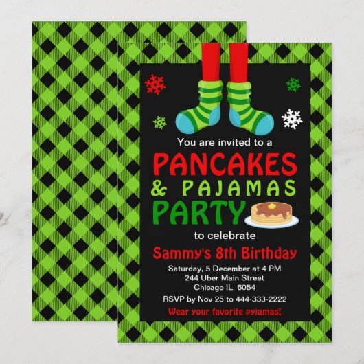 Invitation Crêpes et pyjamas Chaussettes d'anniversaire Green (Devant / Derrière)