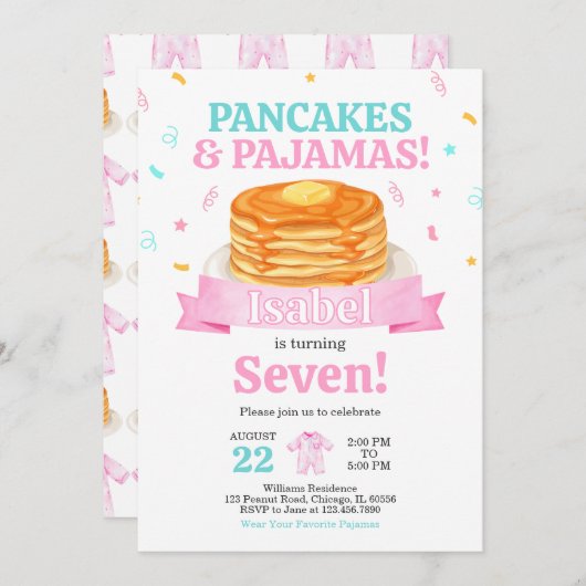 Invitation Crêpes roses et pyjamas (Devant / Derrière)