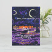 Invitation Crescent bleu et violet ciel Lune Halloween Party (Debout devant)