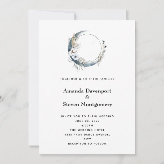 Invitation Crescent Bleu Lune avec Mariage Fleurs Blanches (Devant)
