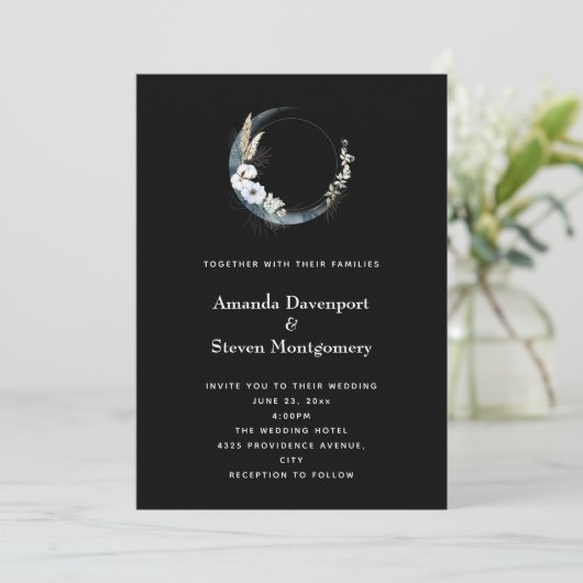 Invitation Crescent Bleu Lune avec Mariage Fleurs Blanches (Debout devant)
