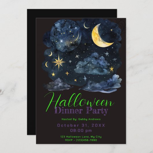 Invitation Crescent Moon Blue Clouds Halloween Diner Fête (Devant / Derrière)