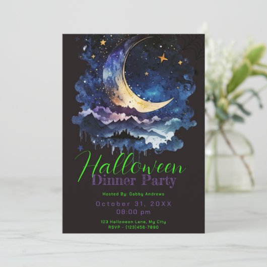 Invitation Crescent Moon Blue Clouds Halloween Diner Fête (Debout devant)