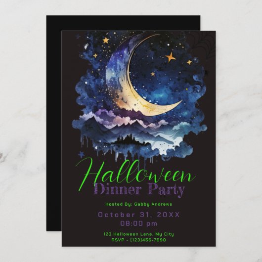 Invitation Crescent Moon Blue Clouds Halloween Diner Fête (Devant / Derrière)