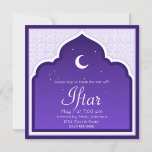 Invitation Crescent Moon & Étoiles Ramadan, violet, gris