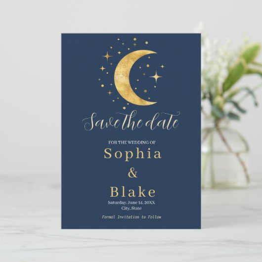 Invitation Crescent Moon Starry Night Navy Enregistrer la dat (Debout devant)