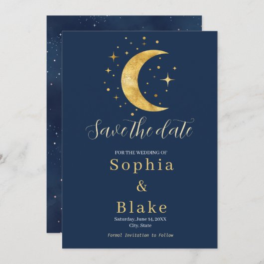 Invitation Crescent Moon Starry Night Navy Enregistrer la dat (Devant / Derrière)