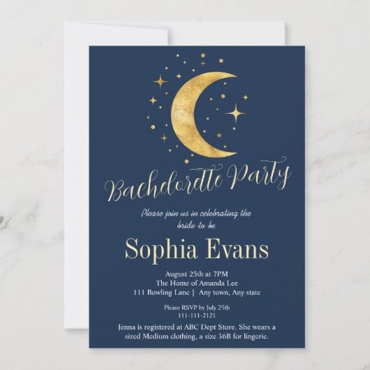 Invitation Crescent Moon Starry Nuit Marine Bachelorte Party (Devant)