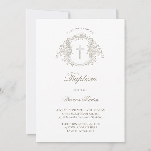 Invitation crest beige beige | Baptême (Devant)
