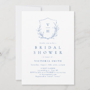 Invitation Crest botanique simple bleu monogramme douche de m