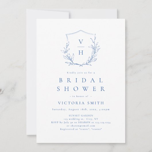 Invitation Crest botanique simple bleu monogramme douche de m (Devant)