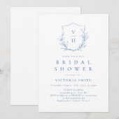 Invitation Crest botanique simple bleu monogramme douche de m (Devant / Derrière)
