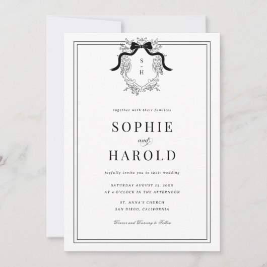 Invitation Crest Coquette Bow Monogramme Tout en un Mariage (Devant)