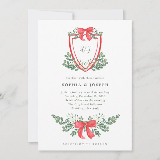 Invitation Crest de Noël | Mariage blanc rouge et vert (Devant)