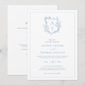Invitation Crest Dusty Blue Monogram QR Code Mariage (Devant / Derrière)