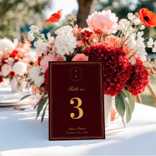 Invitation Crest Monogram Burgundy Gold Wedding Table Number