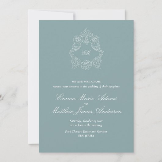 Invitation Crest Monogram Logo Dusty Blue Wedding (Devant)