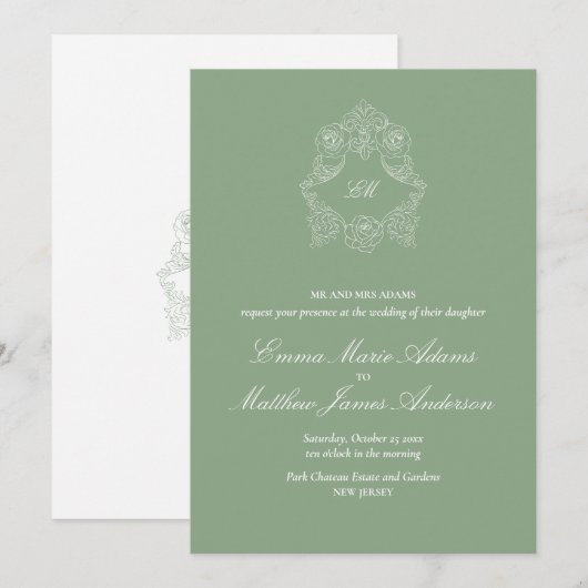 Invitation Crest Monogram Logo Sage Green Wedding (Devant / Derrière)